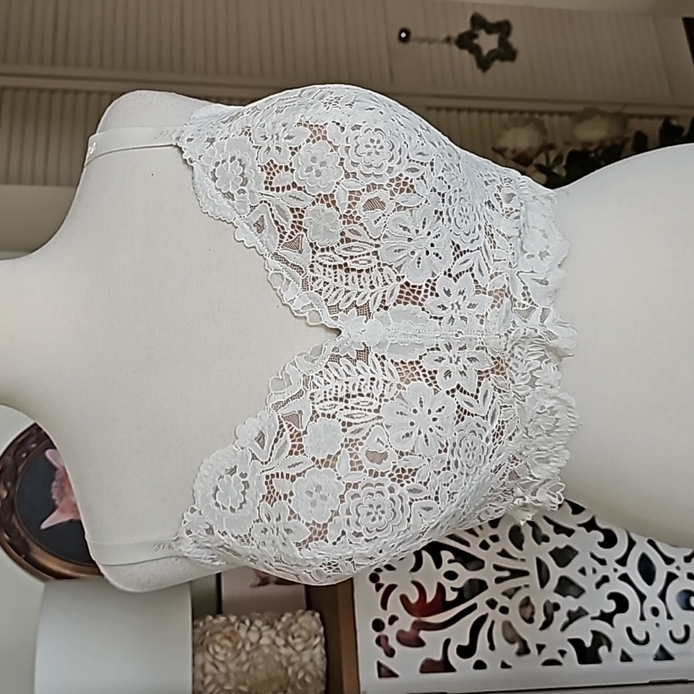 Aerie Real Happy Wireless Lightly Lined Bluegrass Lace Bra 40DD White/Nude NWT